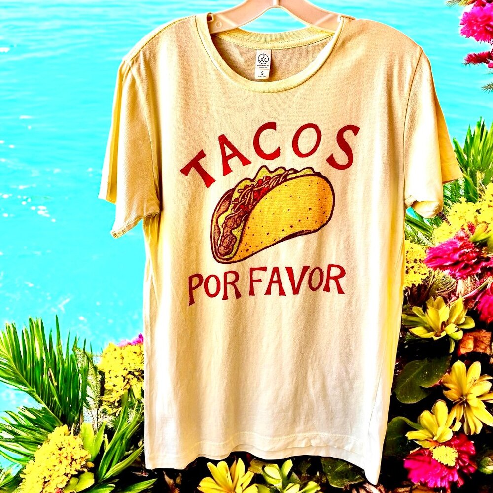 TACOS POR FAVOR Yellow Graphic T-Shirt Womens Small - Picture 3 of 9